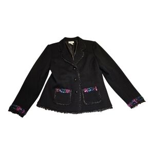 LAURA ASHLEY BLK MEDIUM PETITE BLAZER WITH SHOULDER PADS SEQUIN AND LACE TRIM